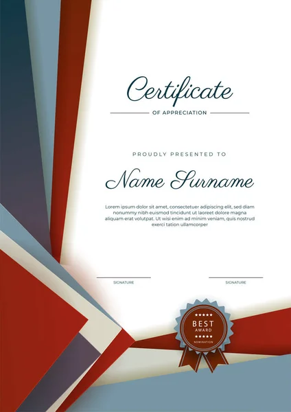 Plantilla Certificado Logro Saturado Azul Rojo Elegante Moderno Con Insignia — Vector de stock