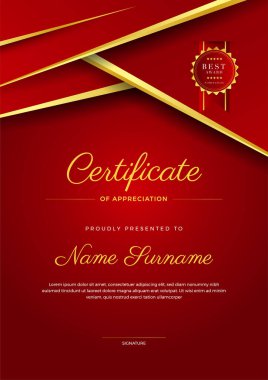 kurumsal stil geometrik kırmızı ve altın renkli soyut sertifika tasarım şablonu
