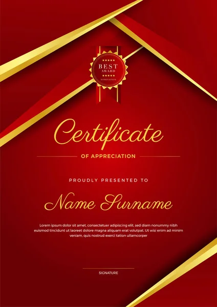 企业风格的几何红色和金色彩色抽象证书设计模板 — 图库矢量图片