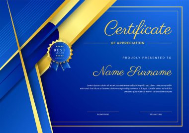 kurumsal stil geometrik mavi ve altın renkli soyut sertifika tasarım şablonu