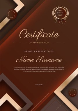 Rozetli ve sınırlı, modern, zarif bej rengi, kahverengi şablon sertifikası. Diploma, ödül, iş, üniversite, okul ve şirket için tasarlandı. Sertifika retro vintage tasarımı