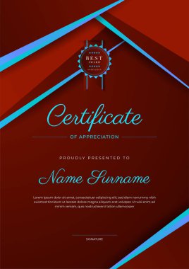 Rozetli ve sınırlı modern başarı şablonu sertifikası. Diploma, ödül, iş, üniversite, okul ve şirket için tasarlandı..