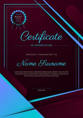 Rozetli ve sınırlı modern başarı şablonu sertifikası. Diploma, ödül, iş, üniversite, okul ve şirket için tasarlandı..