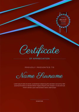 Rozetli ve sınırlı modern başarı şablonu sertifikası. Diploma, ödül, iş, üniversite, okul ve şirket için tasarlandı..
