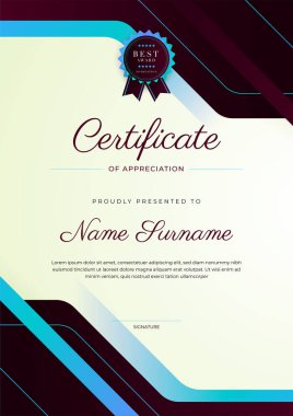 Rozetli ve sınırlı modern başarı şablonu sertifikası. Diploma, ödül, iş, üniversite, okul ve şirket için tasarlandı..