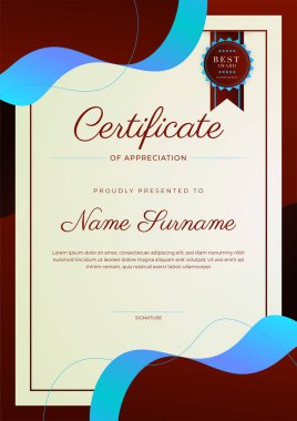 Rozetli ve sınırlı modern başarı şablonu sertifikası. Diploma, ödül, iş, üniversite, okul ve şirket için tasarlandı..