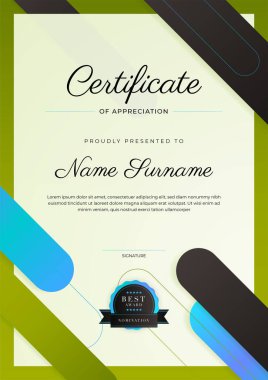 Rozetli ve sınırlı modern başarı şablonu sertifikası. Diploma, ödül, iş, üniversite, okul ve şirket için tasarlandı..