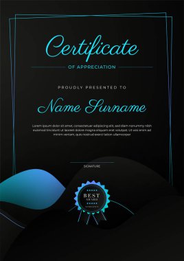 Rozetli ve sınırlı modern başarı şablonu sertifikası. Diploma, ödül, iş, üniversite, okul ve şirket için tasarlandı..