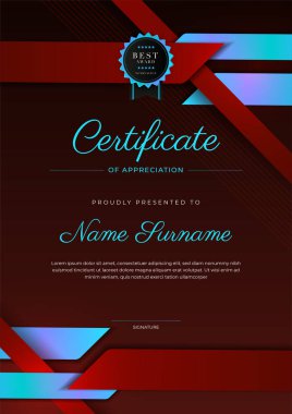 Rozetli ve sınırlı modern başarı şablonu sertifikası. Diploma, ödül, iş, üniversite, okul ve şirket için tasarlandı..