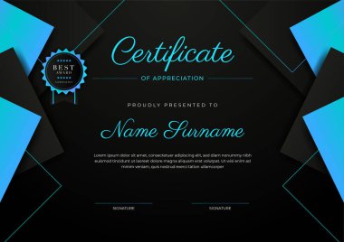 Rozetli ve sınırlı modern başarı şablonu sertifikası. Diploma, ödül, iş, üniversite, okul ve şirket için tasarlandı..