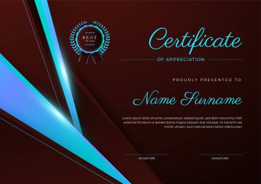 Rozetli ve sınırlı modern başarı şablonu sertifikası. Diploma, ödül, iş, üniversite, okul ve şirket için tasarlandı..