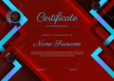 Rozetli ve sınırlı modern başarı şablonu sertifikası. Diploma, ödül, iş, üniversite, okul ve şirket için tasarlandı..