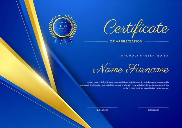 Plantilla Diseño Certificado Abstracto Color Azul Oro Geométrico Estilo Corporativo — Vector de stock