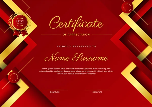 Corporate Stijl Geometrische Rood Goud Kleurrijke Abstracte Certificaat Ontwerp Template — Stockvector