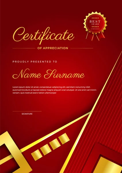 Plantilla Diseño Certificado Abstracto Color Rojo Oro Geométrico Estilo Corporativo — Vector de stock