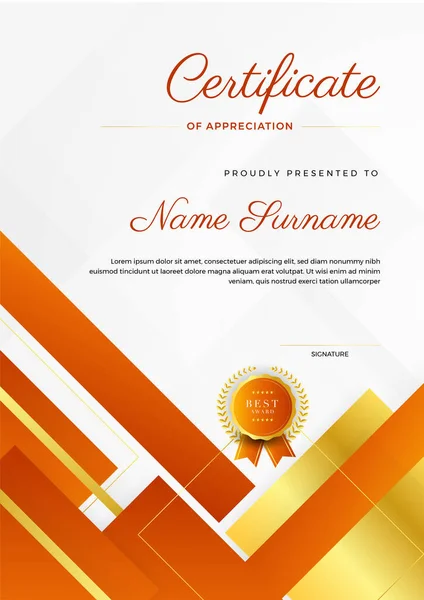 Corporate Style Geometrisch Orange Und Gold Bunt Abstrakt Zertifikat Design — Stockvektor