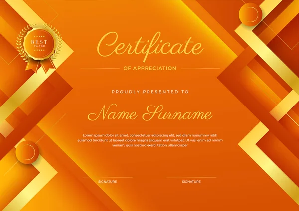 Estilo Corporativo Laranja Geométrica Ouro Colorido Modelo Design Certificado Abstrato — Vetor de Stock