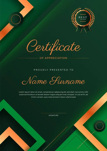 Moderno Certificado Elegante Verde Oscuro Plantilla Logro Con Insignia Borde — Archivo Imágenes Vectoriales