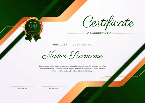 Moderní Elegantní Tmavě Zelený Certifikát Úspěchu Šablony Odznakem Okrajem Navrženo — Stockový vektor