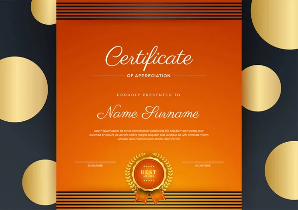 Moderno Corporativo Abstracto Geométrico Naranja Negro Colorido Certificado Plantilla Diseño — Vector de stock