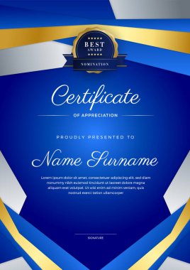 dinamik kurumsal element geometrik mavi renkli soyut sertifika tasarım şablonu