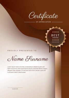 Modern zarif ten rengi, rozetli ve kenarlı başarı şablonunun bej rengi kahverengi sertifikası. Diploma, ödül, iş, üniversite, okul ve şirket için tasarlandı..