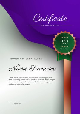 Rozetli ve sınırlı modern başarı şablonu sertifikası. Diploma, ödül, iş, üniversite, okul ve şirket için tasarlandı..