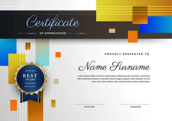 Dynamisch Bedrijfselement Geometrisch Oranje Kleurrijk Abstract Certificaat Ontwerp Sjabloon — Stockvector