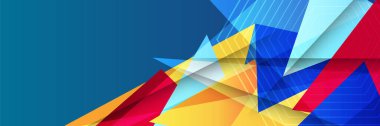 Soyut renkli üçgen pankart tasarım şablonu. Geometrik şekilli arkaplan ve rengarenk renkleri olan renkli bir web pankartı. Vektör grafik tasarım sancak modeli sunum arkaplanı.