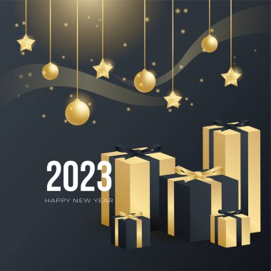 Mutlu yıllar 2023 kış tatili tebrik kartı tasarımı. Parti posteri, afiş ya da davetiye yıldızların parıldayan konfeti süslemesi. Altın hediye yayı ile vektör arkaplan