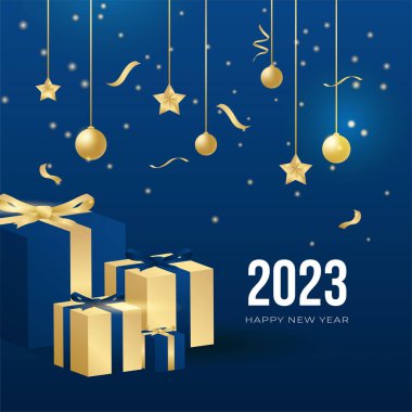 Sosyal medya şablonu için 2023 yılı kartpostal geçmişiniz kutlu olsun. Mavi ve altın 2023 kış tatili tebrik kartı şablonu. Markalaşma, kapak, kart için minimal moda afişi.