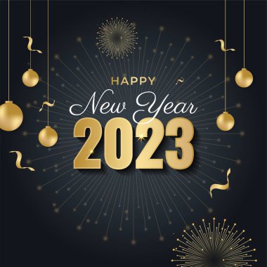 2023 mutlu yıllar. 2023 mutlu yeni yıl sembolü, altın yıldızlar ve konfeti ile bayram afişi. Beyaz arkaplanda siyah bayram simgesine sahip vektör illüstrasyonu