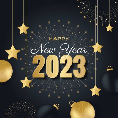 2023 mutlu yıllar. 2023 mutlu yeni yıl sembolü, altın yıldızlar ve konfeti ile bayram afişi. Beyaz arkaplanda siyah bayram simgesine sahip vektör illüstrasyonu