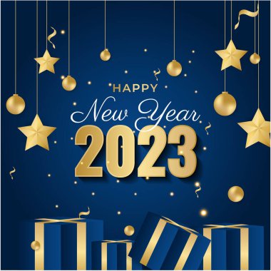 Sosyal medya şablonu için 2023 yılı kartpostal geçmişiniz kutlu olsun. Mavi ve altın 2023 kış tatili tebrik kartı şablonu. Markalaşma, kapak, kart için minimal moda afişi.