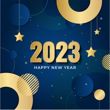 Sosyal medya şablonu için 2023 yılı kartpostal geçmişiniz kutlu olsun. Mavi ve altın 2023 kış tatili tebrik kartı şablonu. Markalaşma, kapak, kart için minimal moda afişi.