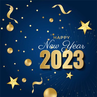 Sosyal medya şablonu için 2023 yılı kartpostal geçmişiniz kutlu olsun. Mavi ve altın 2023 kış tatili tebrik kartı şablonu. Markalaşma, kapak, kart için minimal moda afişi.