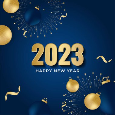 Sosyal medya şablonu için 2023 yılı kartpostal geçmişiniz kutlu olsun. Mavi ve altın 2023 kış tatili tebrik kartı şablonu. Markalaşma, kapak, kart için minimal moda afişi.