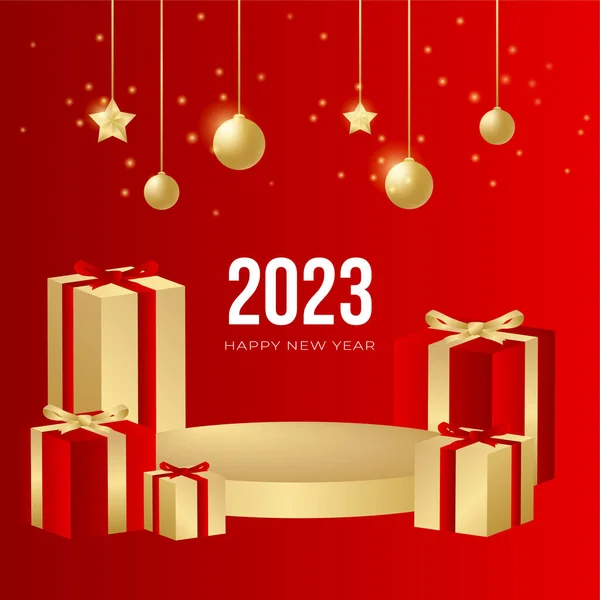 stock vector Happy new year 2023 square post card background for social media template. Red and gold 2023 new year winter holiday greeting card template. Minimalistic trendy banner for branding, cover, card.