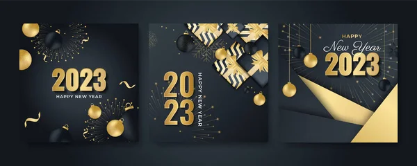 stock vector Happy new 2023 year elegant gold text with light. Minimal text template on black background