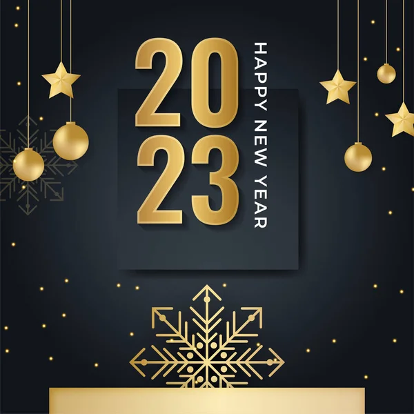 Stock vector 2023 Happy New Year background. Holiday banner with 2023 happy new year symbol, golden stars and confetti. Vector illustration with black holiday icon isolated on white background