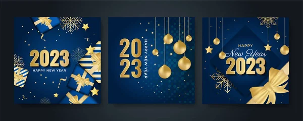 stock vector Happy new year 2023 square post card background for social media template. Blue and gold 2023 new year winter holiday greeting card template. Minimalistic trendy banner for branding, cover, card.