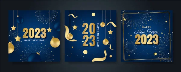 Sosyal medya şablonu için 2023 yılı kartpostal geçmişiniz kutlu olsun. Mavi ve altın 2023 kış tatili tebrik kartı şablonu. Markalaşma, kapak, kart için minimal moda afişi.