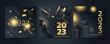 2023 Mutlu Yıllar posterlerinin yaratıcı konsepti. Kutlama ve sezon dekorasyonu için tipografi logosu 2023 olan şablonlar tasarlayın. Markalaşma, afiş, kapak, kart için minimal modacı