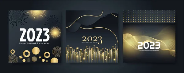 stock vector Happy new 2023 year elegant gold text with light. Minimal text template on black background