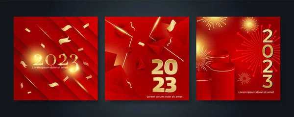 新年快乐2023正方形明信片背景为社交媒体模板 红色和金色2023新年假期贺卡模板 用于品牌 卡片的简约时髦横幅 — 图库矢量图片