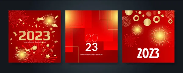 新年快乐2023正方形明信片背景为社交媒体模板 红色和金色2023新年假期贺卡模板 用于品牌 卡片的简约时髦横幅 — 图库矢量图片