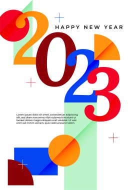 2023 Mutlu Yıllar posterinin yaratıcı konsepti. Kutlama ve sezon dekorasyonu için tipografi logosu 2023 olan şablonlar tasarlayın. Markalaşma, afiş, kapak, kart için minimal modacı