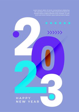 2023 Mutlu Yıllar posterinin yaratıcı konsepti. Kutlama ve sezon dekorasyonu için tipografi logosu 2023 olan şablonlar tasarlayın. Markalaşma, afiş, kapak, kart için minimal modacı