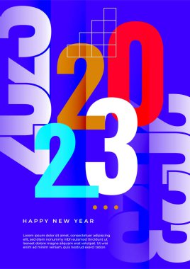2023 Mutlu Yıllar posterinin yaratıcı konsepti. Kutlama ve sezon dekorasyonu için tipografi logosu 2023 olan şablonlar tasarlayın. Markalaşma, afiş, kapak, kart için minimal modacı