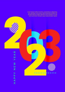 2023 Mutlu Yıllar posterinin yaratıcı konsepti. Kutlama ve sezon dekorasyonu için tipografi logosu 2023 olan şablonlar tasarlayın. Markalaşma, afiş, kapak, kart için minimal modacı